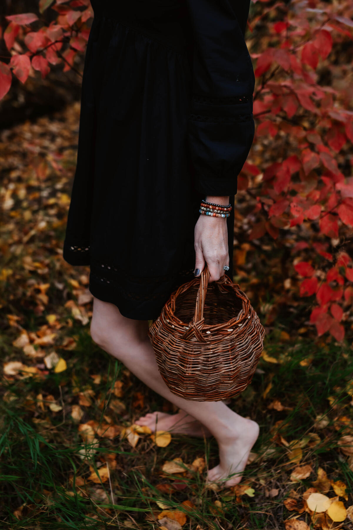 Fall Gathering Basket A woman in a black dress holding a basket gathering leaves, in a fall forest.