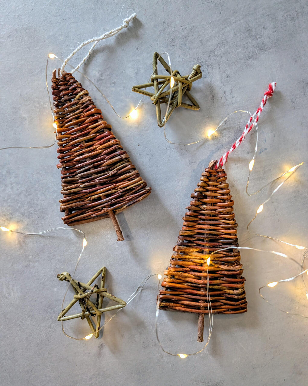 Trees, Stars & Whirly Gigs Willow tree and star ornaments, with twinkle lights.